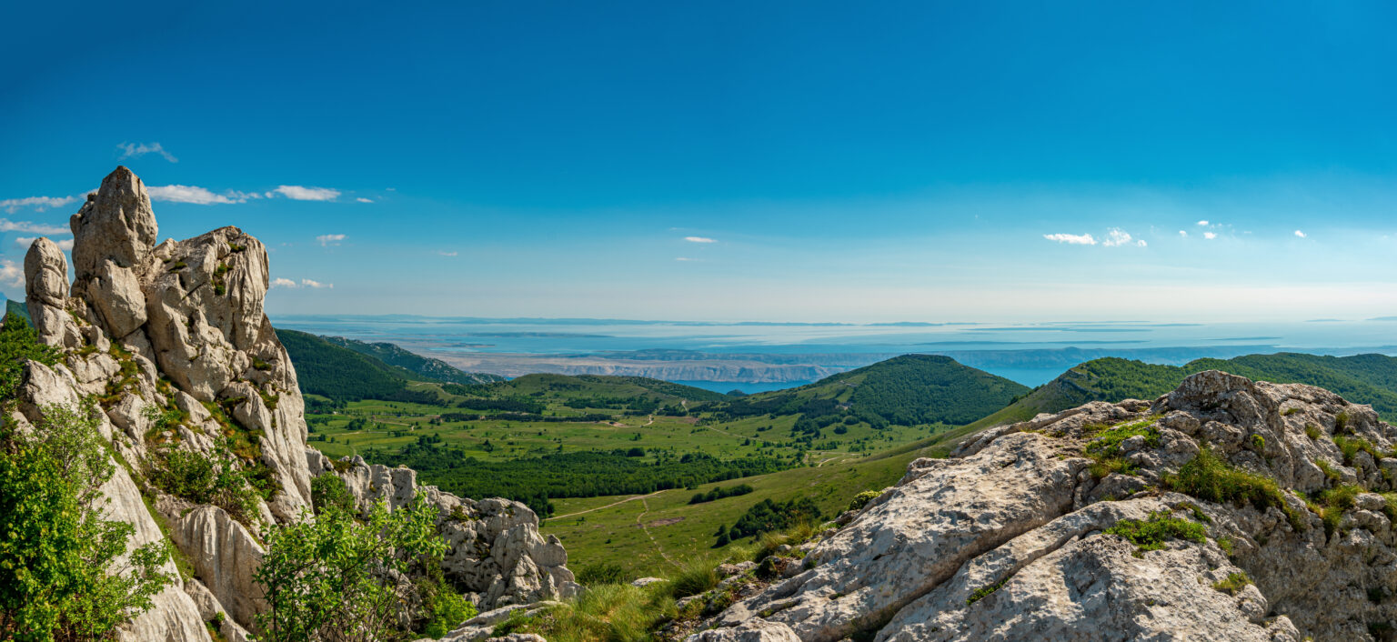 Panorama of Baske Ostarije village, Dabarski kuk, Velebit Nature Park, Croatia.